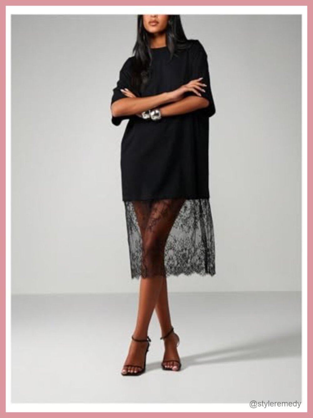 Oversized Lace Tshirt Midi Dress Half Sleeve Drop Shoulder Casual - Picture 4 of 5